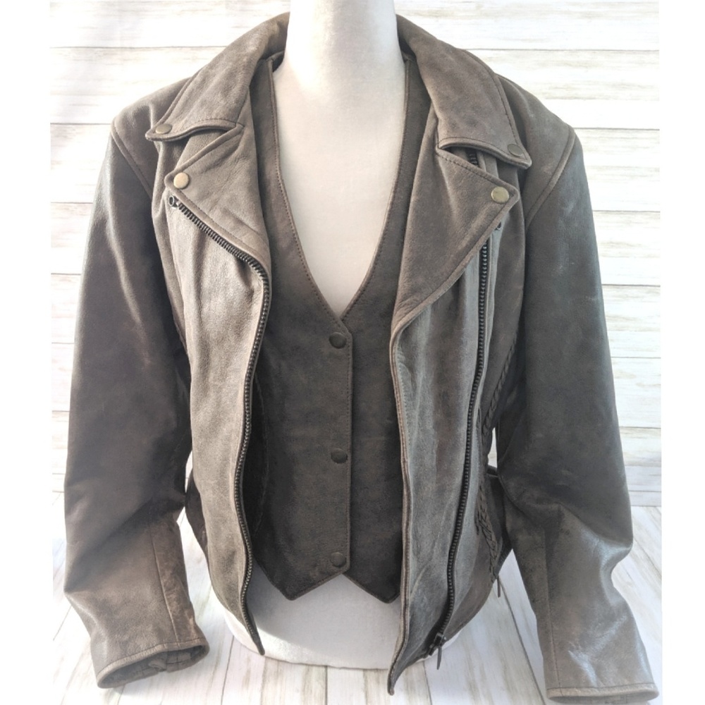 Unik Taupe Suede Moto Jacket with Matching Vest